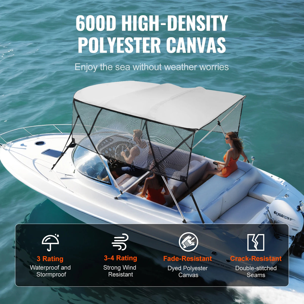 SucceBuy Four Bow Boat Bimini Cover With Removable Mesh Sidewalls
