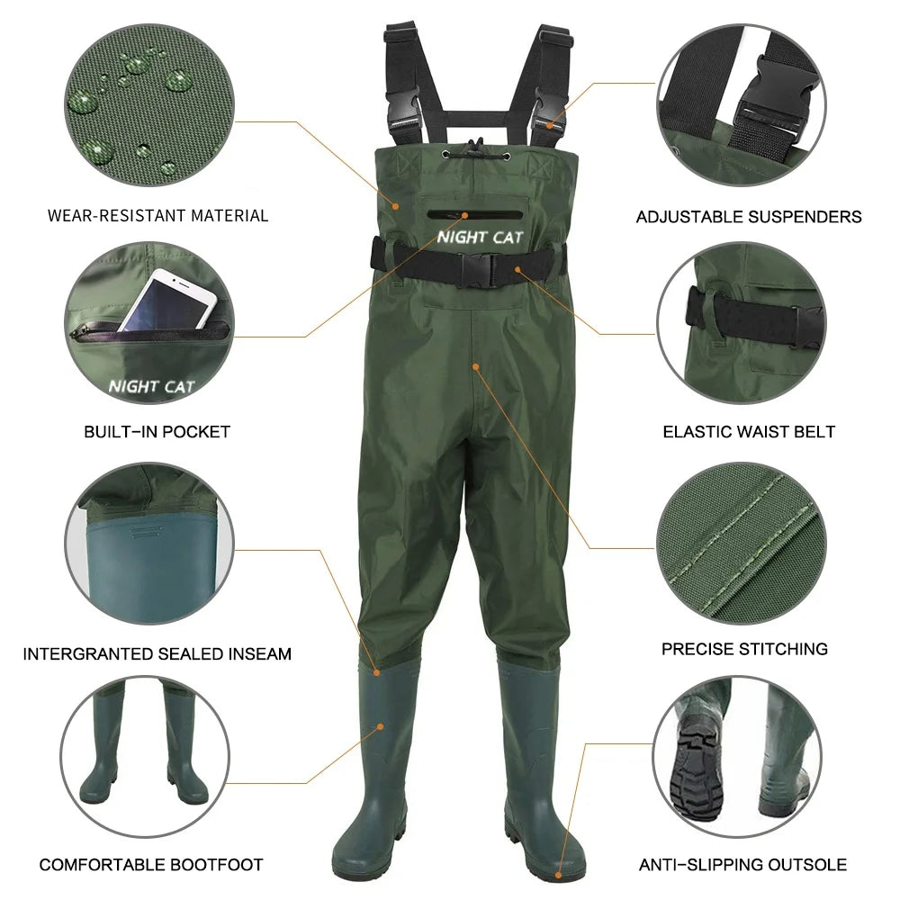 Night Cat Waterproof Breathable Chest Waders With Boots and Belt