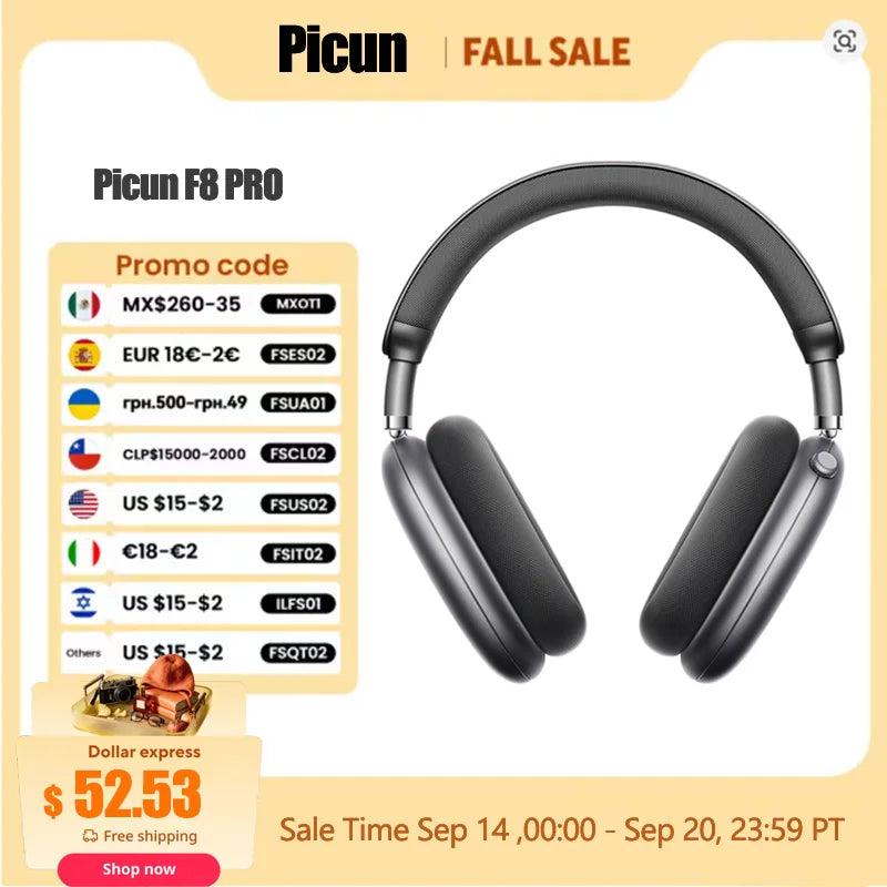 Picun F8 Pro ANC Wireless Headphones Head Tracking 3D Spatial Audio -52dB ANC HIFI Bluetooth Headset ENC HD Mic Low-Latency APP