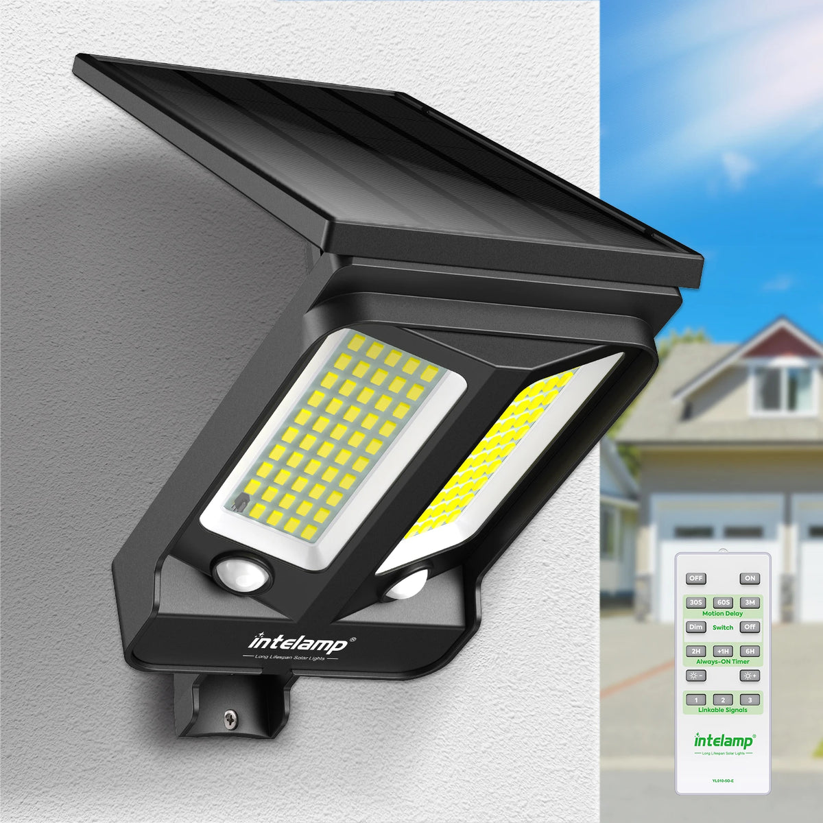 Intelamp Bright Solar Security Flood Light With Dual Motion Sensors For Home