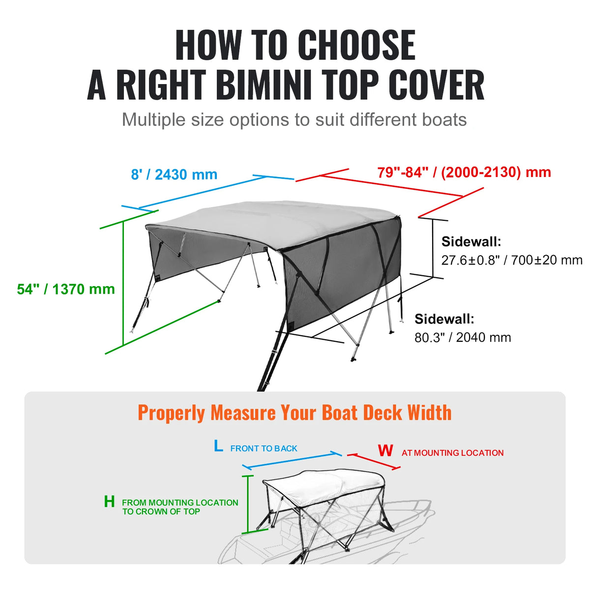 SucceBuy Four Bow Boat Bimini Cover With Removable Mesh Sidewalls