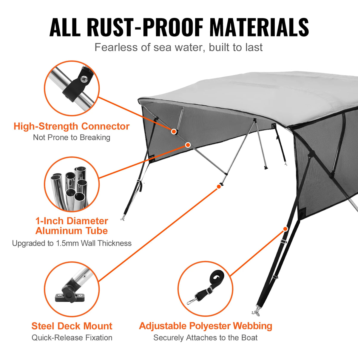 SucceBuy Four Bow Boat Bimini Cover With Removable Mesh Sidewalls