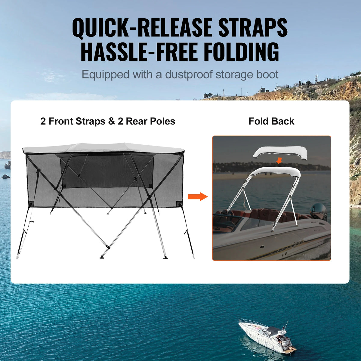 SucceBuy Four Bow Boat Bimini Cover With Removable Mesh Sidewalls