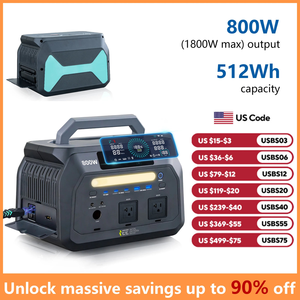 IEE 800W 512Wh LiFePO4 Silent Generator Solar Camping Home