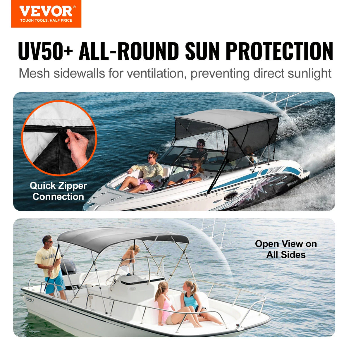 SucceBuy Four Bow Boat Bimini Cover With Removable Mesh Sidewalls