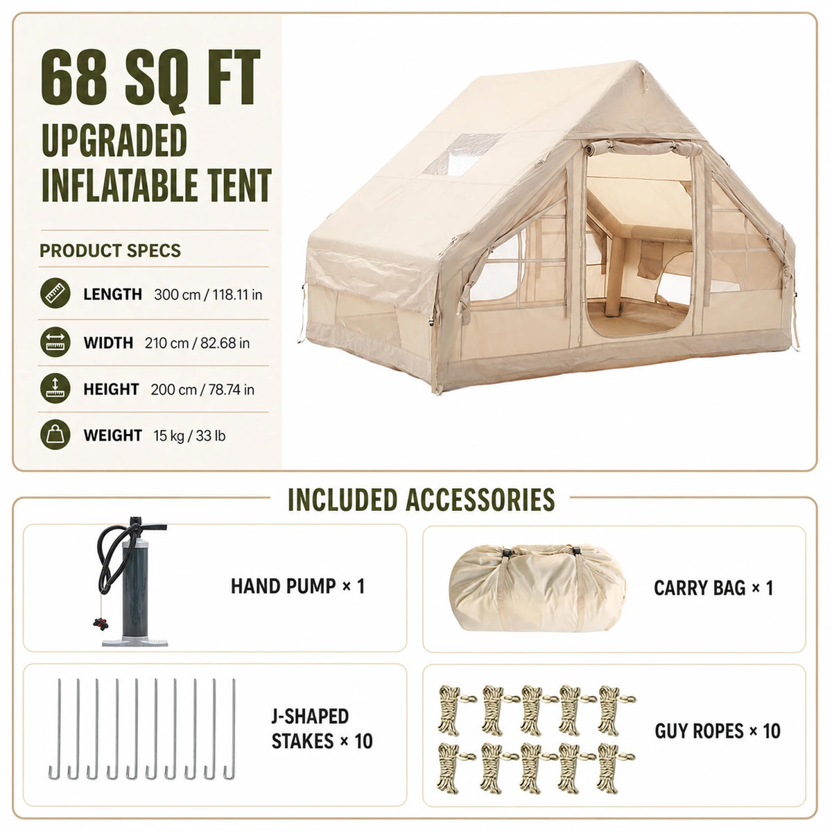 TRIBENEST Inflatable Glamping Tent With Hand Pump And Storage Bag