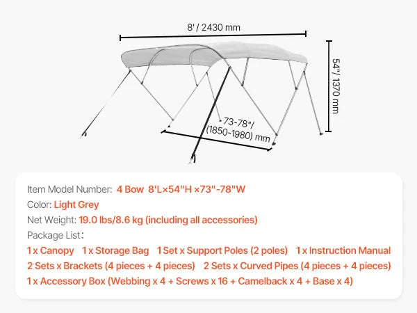 SucceBuy 4 Bow Boat Bimini Top With Aluminum Frame