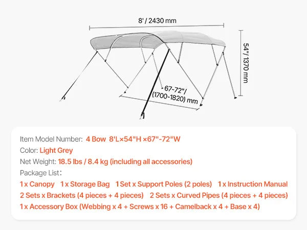 SucceBuy 4 Bow Boat Bimini Top With Aluminum Frame