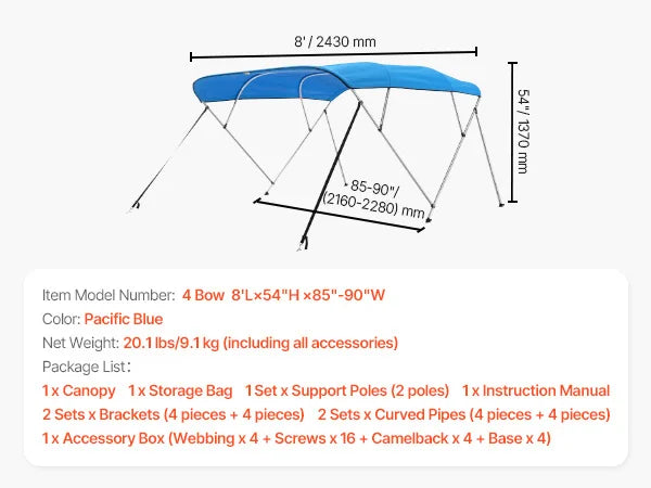 SucceBuy 4 Bow Boat Bimini Top With Aluminum Frame